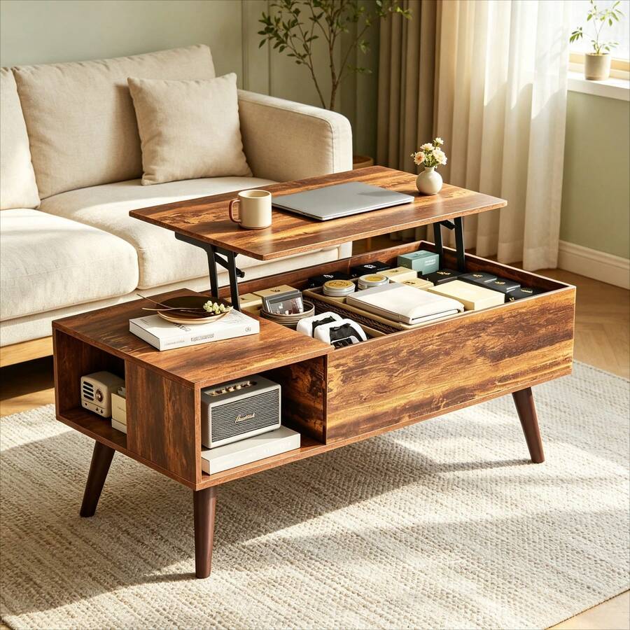 39" Lift Top Coffee Table With Hidden Storage Compartment & Open Shelf, Rustic Farmhouse Wood Coffee Table With Storage For Living Room, Home Office & Small Apartment - Rustic Brown - View 1