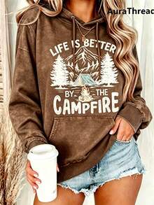 Suéter Gráfico de Campamento para Mujer La Vida es Mejor Junto a lDiseño de Montaña y Árbol de Pino Suéter Cálido de Cuello Redondo para Otoño e Invierno Elasticidad Media Suéter Casual Lava - Marrón 2 - Ver 3
