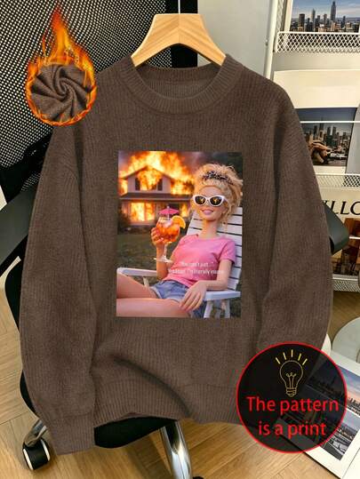 Women's Plus Size Casual Crew Neck Faux Knit Sweater, Fun Graphic Print, Versatile Fashion Top, Suitable For Autumn/Winter Daily Wear