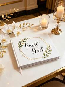 1pc Mori Style Gold Frame Green Leaf Wedding Guest Book, White Hardcover Foil Stamped Botanical Wreath Guest Message Memorial Album, With Pink Ribbon Bookmark, Minimalist Fresh Ins Style Wedding Decor, Suitable For Western Wedding, Engagement Party, Anniversary Party, Outdoor Lawn Wedding Guest Signature Keepsake, Watercolor Branch Leaf Geometric Gold Edge Design Cover, Elegant And Sophisticated - A - View 11