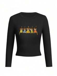 New Short Long Sleeve T-Shirt Women Y2K Generation Fun Cartoon Print Spring Autumn Korean Style Crew Neck Versatile Casual Slim Fit Top - Black - View 4