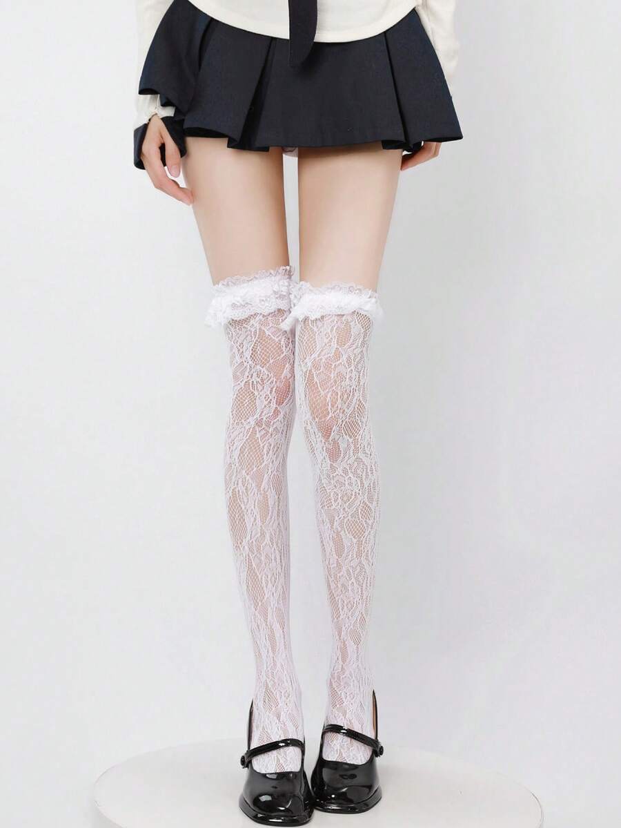 1pair Women's Lace Floral Thigh High Stockings - White - View 1
