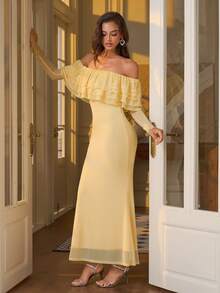 PARTHEA Elegant Yellow Off‑Shoulder Mermaid Maxi Dress, Layered Lace Ruffle Neck Mesh Long Sleeve Bodycon Party Gown - Yellow - View 8
