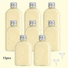 15個100ML果汁瓶，附蓋空塑膠瓶，可重複使用飲料容器，塑膠飲料瓶，適用於果汁、奶昔、康普茶、自製飲品，適合生日、婚禮、派對、秋季郊遊、野餐、露營 - 透明-2 - 查看 13