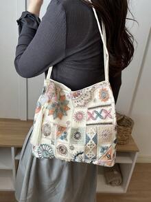 2026新款女式新中式刺繡肩背包 百搭斜挎水桶包 - 米色 - 查看 5