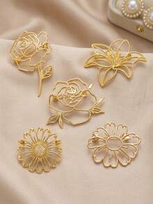 4pcs Elegant Golden Minimalist Hollow Flower Brooches, Line Art Rose Daisy Lily Pins For Backpack, Women Aesthetic Jewelry Accessories, Y2K - Gold - View 2