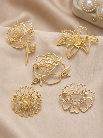 4pcs Elegant Golden Minimalist Hollow Flower Brooches, Line Art Rose Daisy Lily Pins For Backpack, Women Aesthetic Jewelry Accessories, Y2K