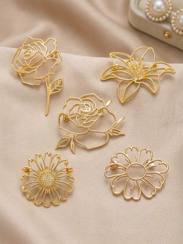 4pcs Elegant Golden Minimalist Hollow Flower Brooches, Line Art Rose Daisy Lily Pins For Backpack, Women Aesthetic Jewelry Accessories, Y2K