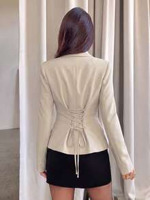 Women's Solid Color Single-Breasted Blazer With Gold Buttons And Tie-Back Design With Lining, Elegant Casual Commute Party Fall - Khaki - View 6