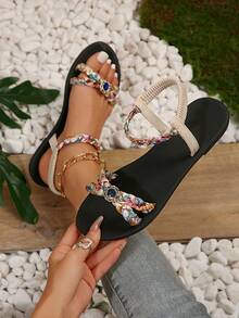Beige Floral Braided Elastic Ankle Strap Sandals, Sapphire Rhinestone Flat Roman Sandals, Women Beach Sandals For Summer Vacation - Beige - View 3