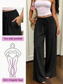 Plus Size Women's Black Ribbed Drawstring Elastic Waist Wide Leg Pants, Dual Pockets Casual Slimming Long Pants - Black - View 1