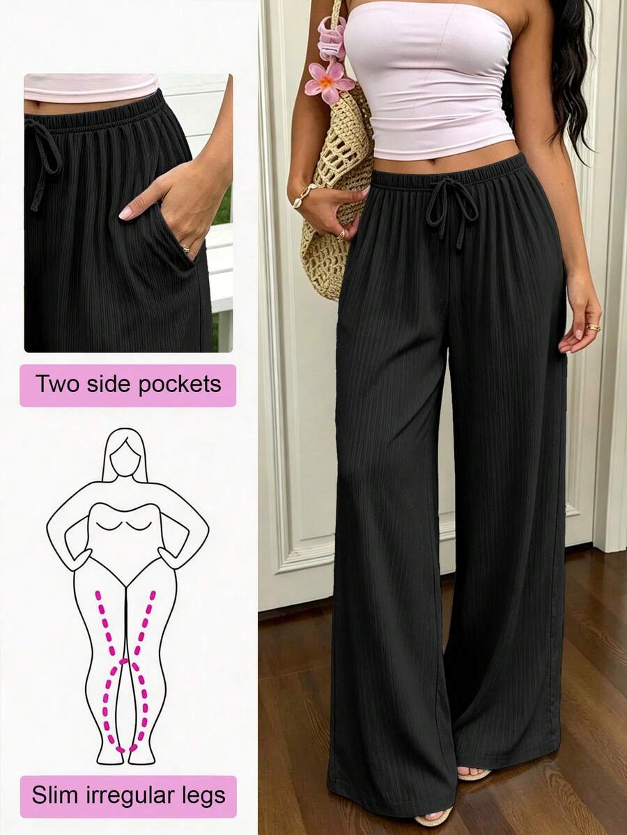 Plus Size Women's Black Ribbed Drawstring Elastic Waist Wide Leg Pants, Dual Pockets Casual Slimming Long Pants - Black - View 1