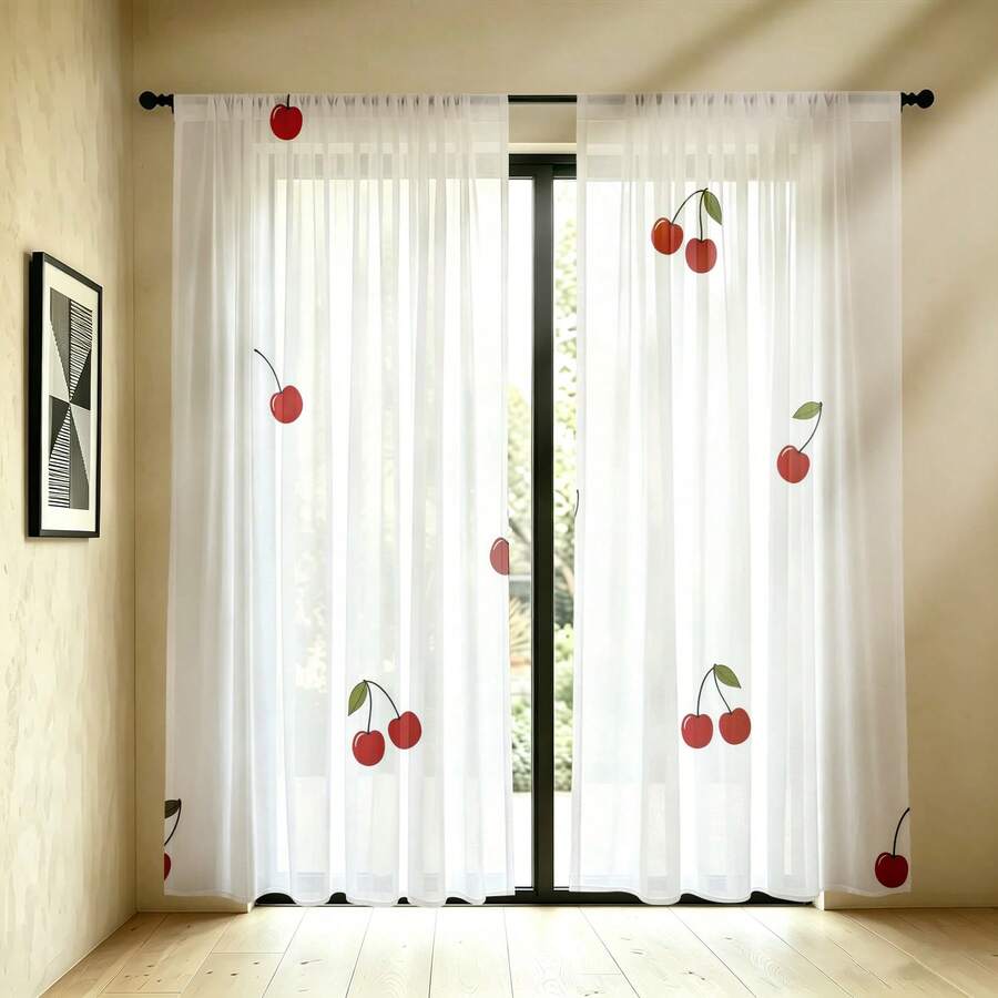 2pcs Red Cherry Pattern Sheer Curtains. The Vibrant Red Cherries With Green Stems And Leaves Allow Good Light Penetration, Creating A Fresh Fruity Style Suitable For Living Room, Dining Room And Kitchen. - Multicolor - 2pcs - View 1