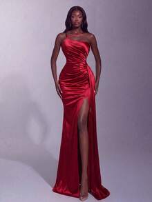 Vestido largo formal elegante, con cuello asimétrico, decoración de volantes, diseño de abertura alta, adecuado para fiestas, banquetes, bodas, bailes de graduación y otras ocasiones formales de primavera - Burdeos - Ver 4