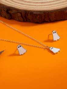 3pcs/Set Exquisite Cute White Little Ghost Earrings, Necklace Set, Halloween Jewelry Set - Multicolor - View 2