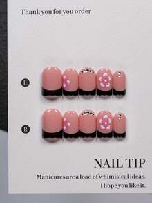 10 Pieces Short Square Handmade Press On False Nails Set With Nail Tools Nude Base Black French Nails Decorated With Pink White Printed Small Flowers And Mini Rhinestones Suitable For Work Dates Trips And All Kinds Of Daily Casual Occasions - Multicolor - View 3
