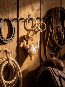 1pc Vintage Western Bull Skull Keychain With Small Bell, Gold Hardware Bag Charm, Cowboy Ranch Accessory - Multicolor - View 8