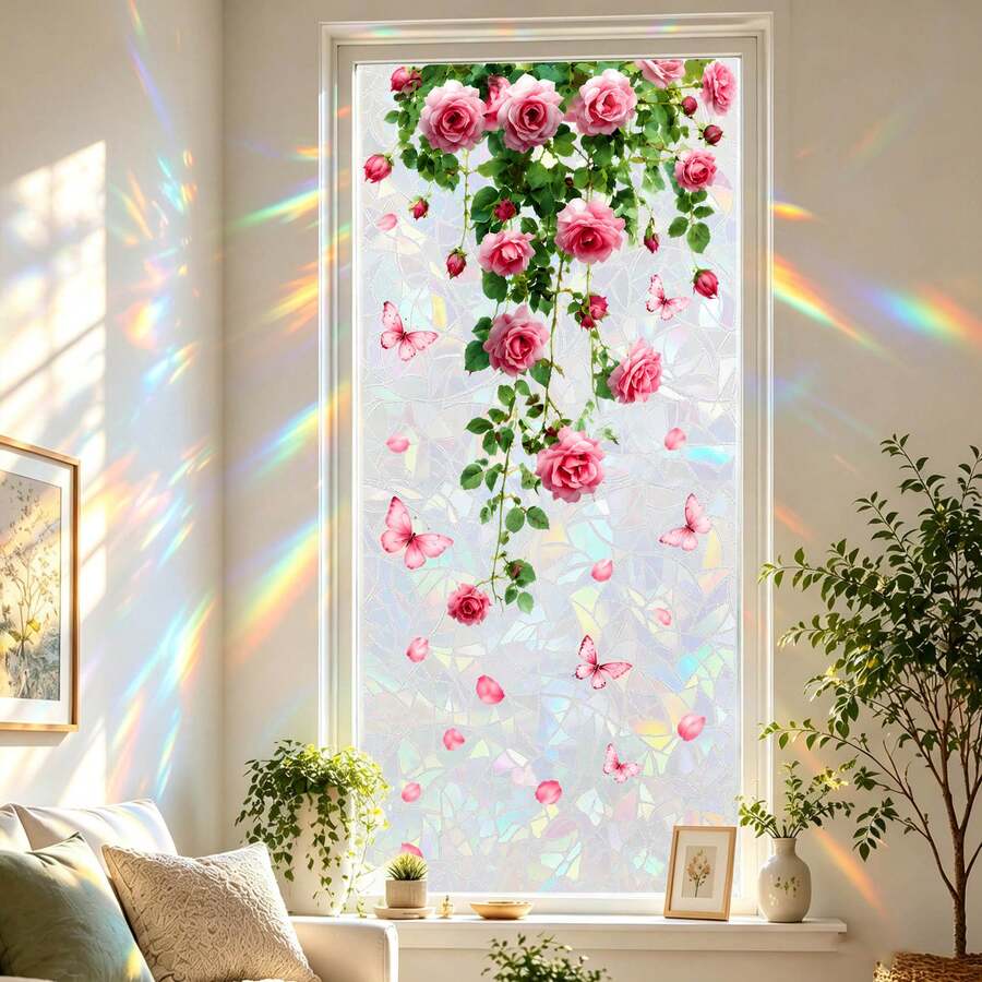 1pc Pink Rose Butterfly Holographic Window Film, Rainbow Suncatcher Static Cling Glass Sticker, Prism Effect Privacy Decorative Window Cover - Pink Rose Glass Sticker - View 1