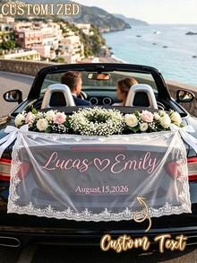 客製化蕾絲婚車透明橫幅，可客製新娘新郎姓名與日期，緞面絲帶蝴蝶結車飾背景，婚禮裝飾 - 彩色 - 查看 5
