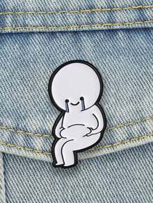 Minimalist Line Smile Crying Blob Man Enamel Pin Mental Health Healing Contrast Mood Pinching Belly Cartoon Lapel Badge - White - View 4