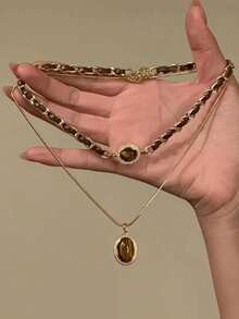 2pcs Vintage Malachite Heart & Tiger Eye Tassel Necklace, Minimalist Sweater Chain Jewelry For Women - Multicolor - View 1