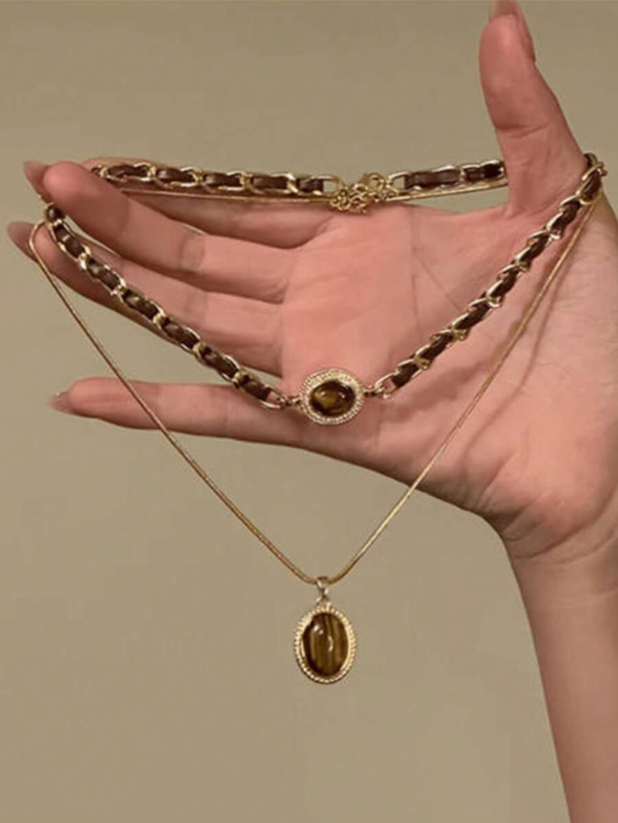2pcs Vintage Malachite Heart & Tiger Eye Tassel Necklace, Minimalist Sweater Chain Jewelry For Women - Multicolor - View 1