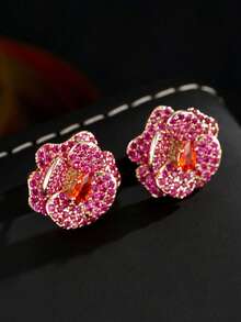 1 Pair Vintage Rhinestone Rose Flower Elegant Earrings For Women, Fashionable And Versatile - Red - View 1