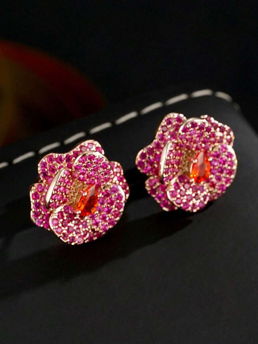1 Pair Vintage Rhinestone Rose Flower Elegant Earrings For Women, Fashionable And Versatile - Red - View 1