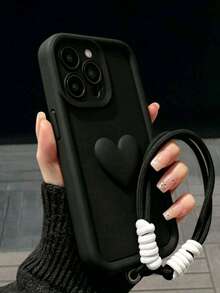 1pc 3D Heart Phone Case Compatible With IPhone 17 Pro Max, 16, 15, 14, 11 With Lanyard, Minimalist Phone Cover - Black - View 2
