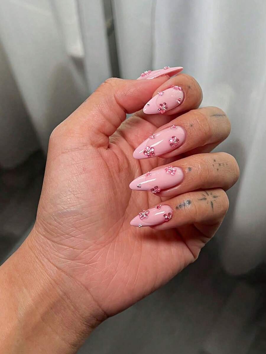10pcs Long Almond Handmade Press-On Nails With Full Manicure Tool Set, Nude Pink Full Rhinestone Floral Design, Pure Soft Nude Base With Multiple Purple Rhinestone Flower Accents, Glossy Transparent Texture, Reusable, Suitable For Gentle Date And Daily Commute Outfits - Pink - View 1