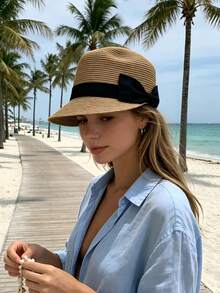 1pc Women's Bohemian Fashion Straw Bow Equestrian Hat, Sun Protection Summer Beach Hat, Suitable For Vacation, Daily Wear And Beach - Multicolor - View 17