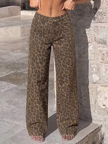 Jeans casuales de mujer con estampado de leopardo, pierna recta, largos, sin elasticidad, con botones, estilo vintage - Multicolor - Ver 1