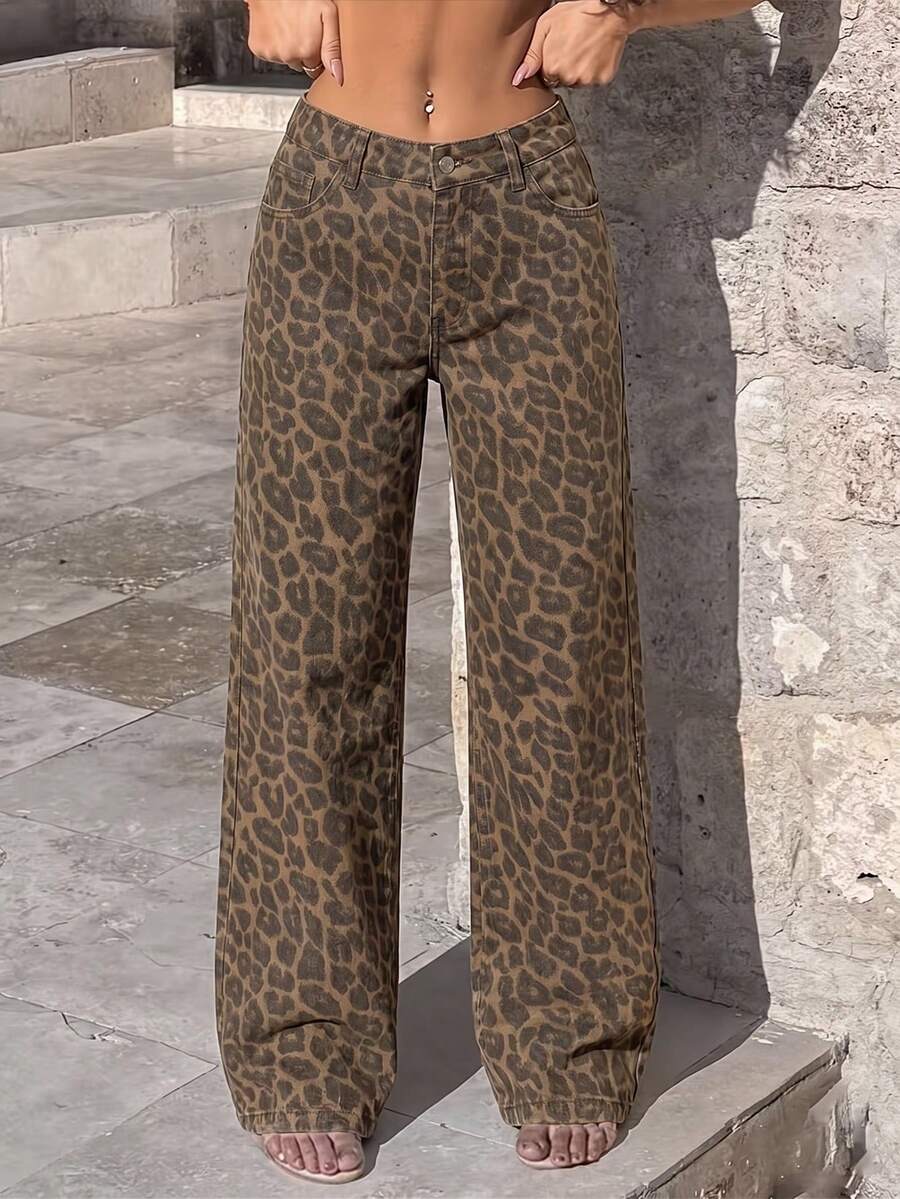 Jeans casuales de mujer con estampado de leopardo, pierna recta, largos, sin elasticidad, con botones, estilo vintage - Multicolor - Ver 1