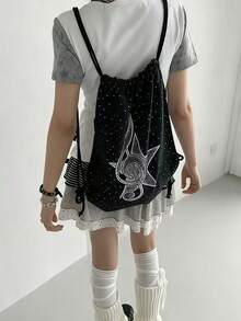 Back To School Niche Design Ins Style Y2K Sweet Cool Girl Star Pattern Drawstring Backpack For Female Students, Durable And Dirt-Resistant, Versatile Fashionable Drawstring Bag Suitable For College And High School Students - Black - View 4