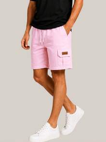Kit 3 Bermuda Cargo De Linho Premium Shorts Mauricinho Masculino Casual Basico Confortavel Detalhe Etiqueta De Couro - Rosa Bebê - Visão 2