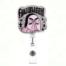 1 pièce/3 pièces/4 pièces Enrouleur de badge rétractable avec clip, motif crâne Halloween pailleté en acrylique noir et rose, convient aux professionnels de santé - Multicolore - Voir 13