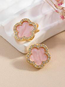 1 Pair New Lucky Five-Leaf Clover & Five-Petal Flower Ear Clips, Micro-Inlaid Rhinestone Design, Premium Look, Women's Non-Pierced Earrings - Pink - View 5