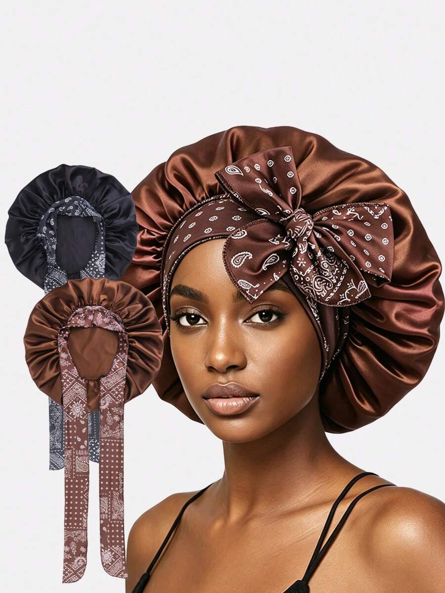 2 piezas Gorro de dormir ajustable de satén con cinta para mujer, pañuelo para la cabeza, adecuado para uso diario