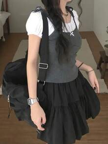 女款蝴蝶結裝飾拼接色休閒百搭日常穿搭夏季T恤 - 灰色 - 查看 8