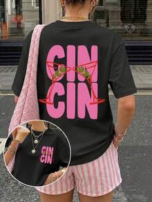 T-shirt Estiva Casual da Donna - Stampa con Lettere CIN, Collo Tondo, Adatta per Uso Esterno, Stile Y2K Street, Estetica Punk, Ritorno alla Stagione, Viaggi, Club, Palestra, Sport - nero - Visualizzare 7