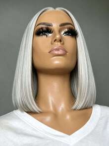 Silver Grey 200 Density Short Straight Lace Front Wigs Human Hair Glueless Human Hair Wig Brazilian Virgin Silver Gray Colored 13x4 HD Transparent Natural Straight Bob Lace Frontal Wig Pre Plucked Bleached Knots - Grey - View 8