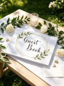 1pc Mori Style Gold Frame Green Leaf Wedding Guest Book, White Hardcover Foil Stamped Botanical Wreath Guest Message Memorial Album, With Pink Ribbon Bookmark, Minimalist Fresh Ins Style Wedding Decor, Suitable For Western Wedding, Engagement Party, Anniversary Party, Outdoor Lawn Wedding Guest Signature Keepsake, Watercolor Branch Leaf Geometric Gold Edge Design Cover, Elegant And Sophisticated - A - View 7