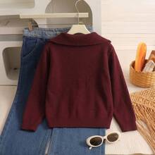 Girls Braided Half-Zip Sweater, Long Sleeve Casual Pullover, Suitable For School And Daily Wear, Autumn/Winter Tween Girls Clothing - Burgundy - View 4