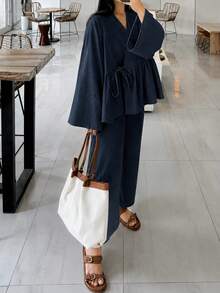 女款休閒寬鬆兩件套 V領長袖上衣與寬腿長褲時尚套裝 春夏節慶服飾 秋季 - 寶藍色 - 查看 2