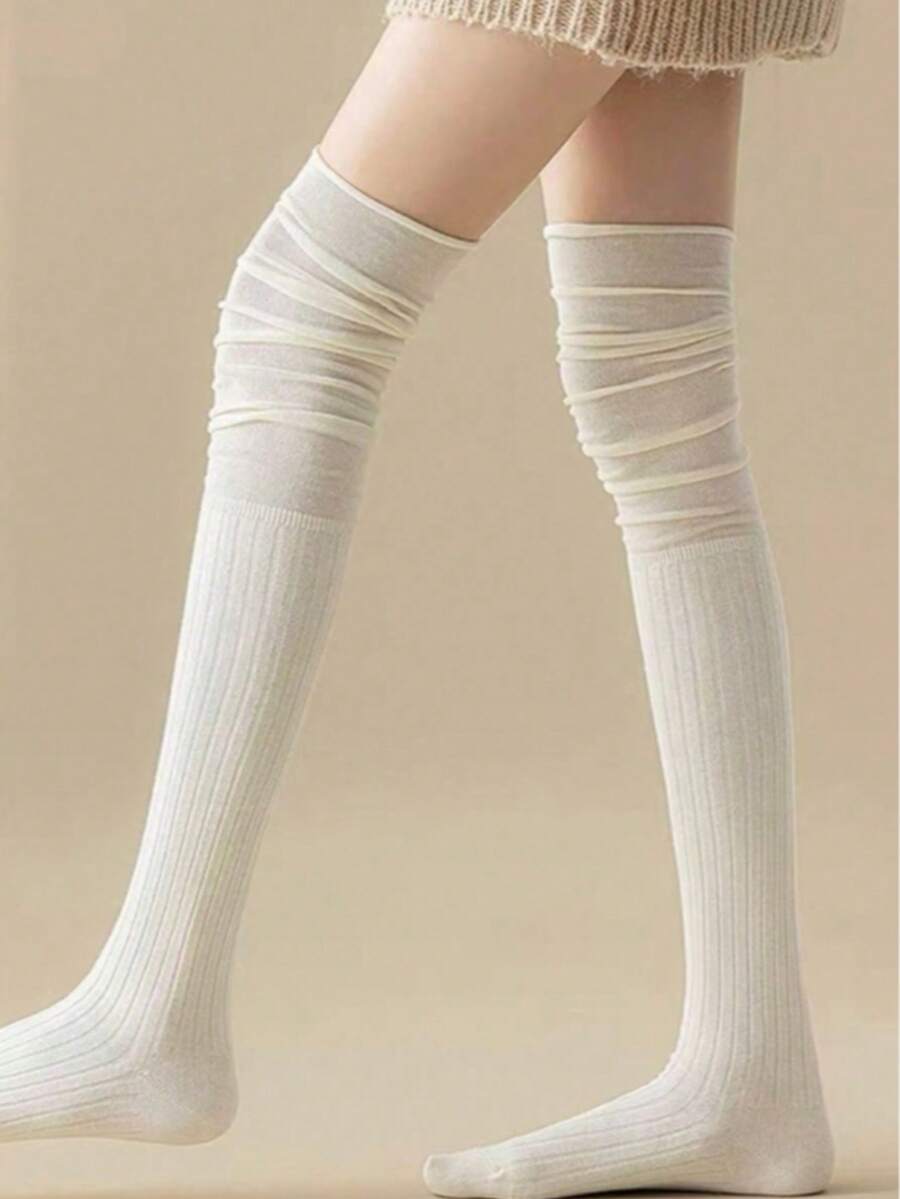 1 Pair Women's Autumn/Winter Warm Over-The-Knee Socks, Boot Socks, Long Tube Socks - White - View 1