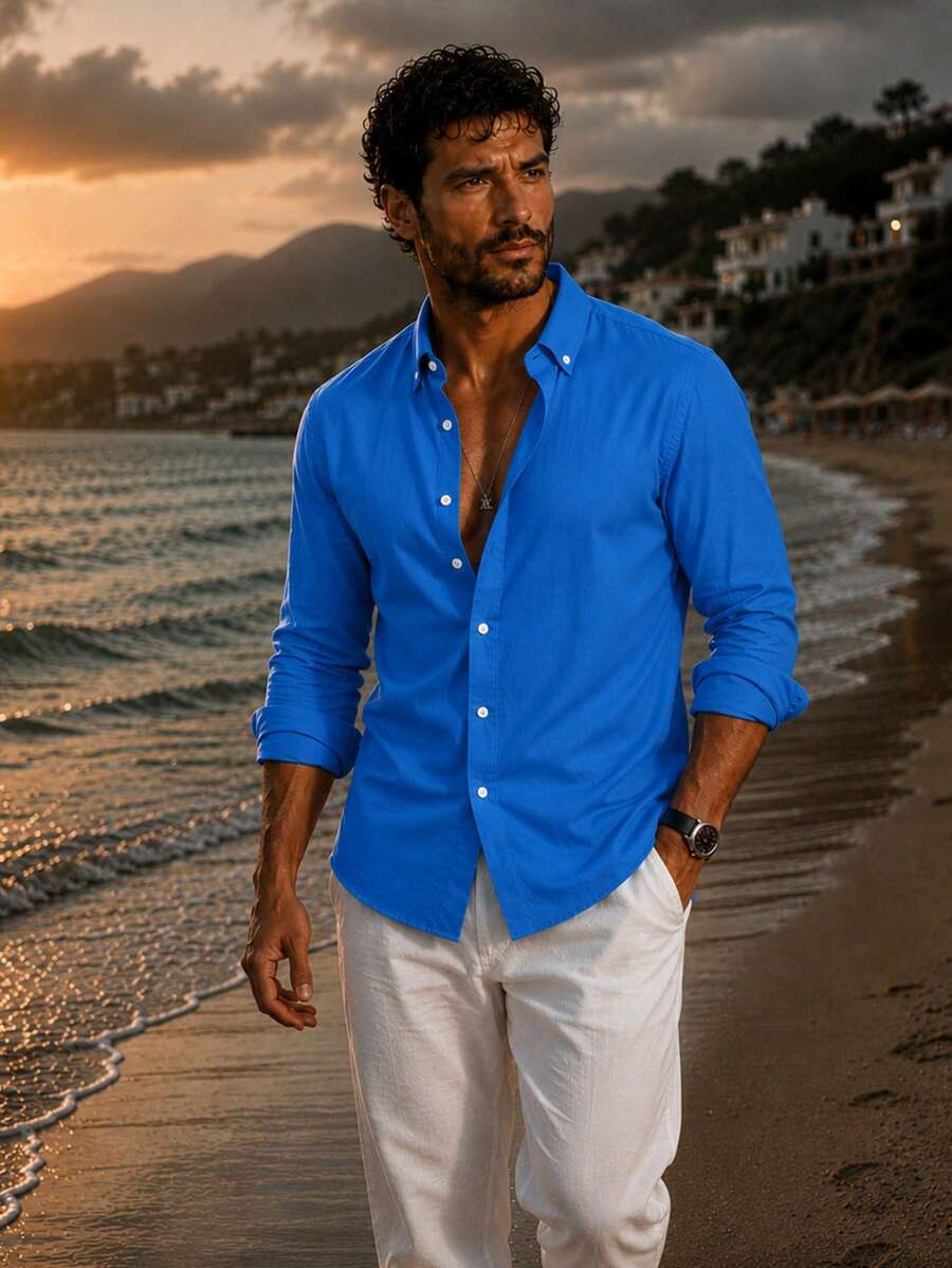 100% Cotton Linen, Breathable, Lightweight, Button-Down Collar, Men's Linen Shirt - Blue - View 1