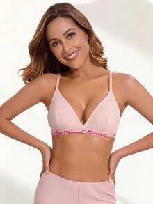 1pc Women's Comfortable Elegant Ribbed Knit Fabric Fashion English Letter Print Wireless Non-Padded Back Hook Bra - Pink - View 6