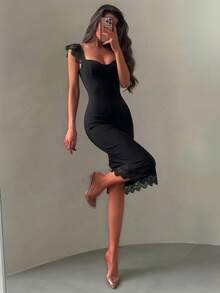 女款性感優雅細肩帶黑色蕾絲開衩緊身包臀洋裝，適合派對、雞尾酒會、晚禮服、婚禮，春季與秋季穿著 - 黑色 - 查看 6