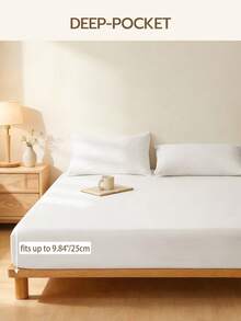 1pc Solid Color 25cm Deep Pocket Fitted Sheet, Soft Breathable Mattress Protector, Suitable For All Bed Sizes, Dorm Home Bedding Decor - White - View 4