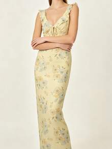 Women's Yellow Floral Print Long Dress, V-Neck Tie Front Sleeveless Fitted Summer Beach Dress, Ruffle Shoulder Straps, Vacation And Casual Summer Wear - Yellow - View 1